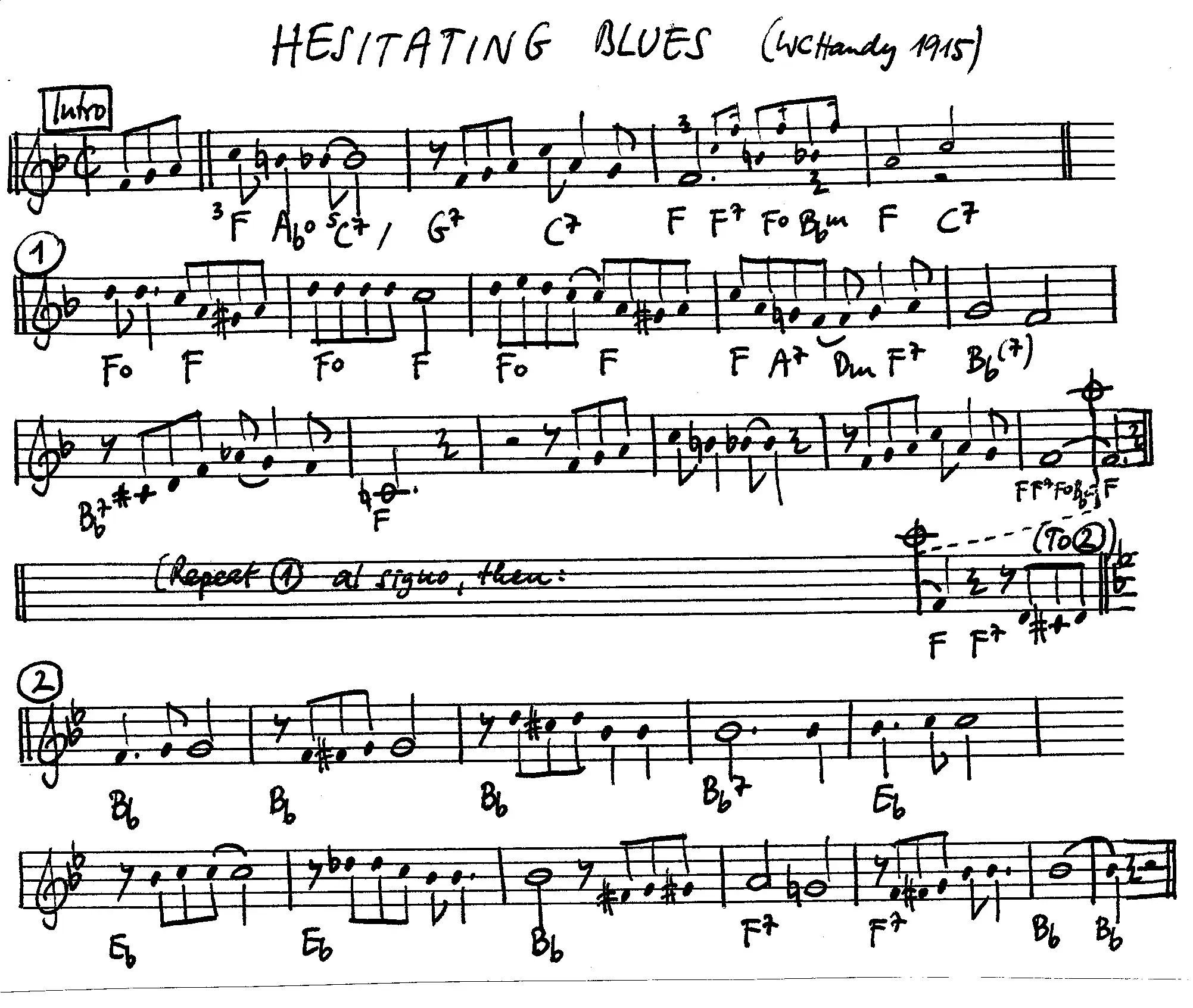 Free Jazz Leadsheet for hesitating blues, F to Bb Major ,courtesy of The Jungle Jazz Band
